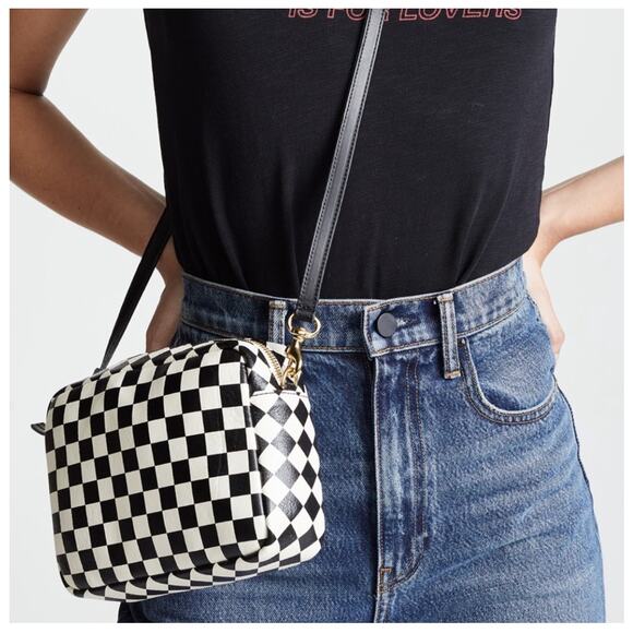Clare V. Midi Sac Bag Checkered Crossbody Bag Purse Small Black and White - Picture 3 of 12